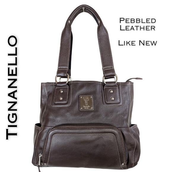 Tignanello Handbags - Tignanello Shoulder Bag Large Brown Pebbled Leather Multi Pocket Organizer Tote